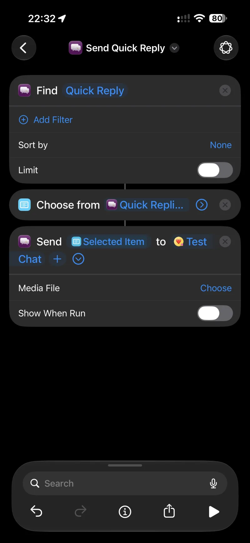 A three-action shortcut: Find Quick Reply, Choose from Quick Replies, then Send the selected item to a chat